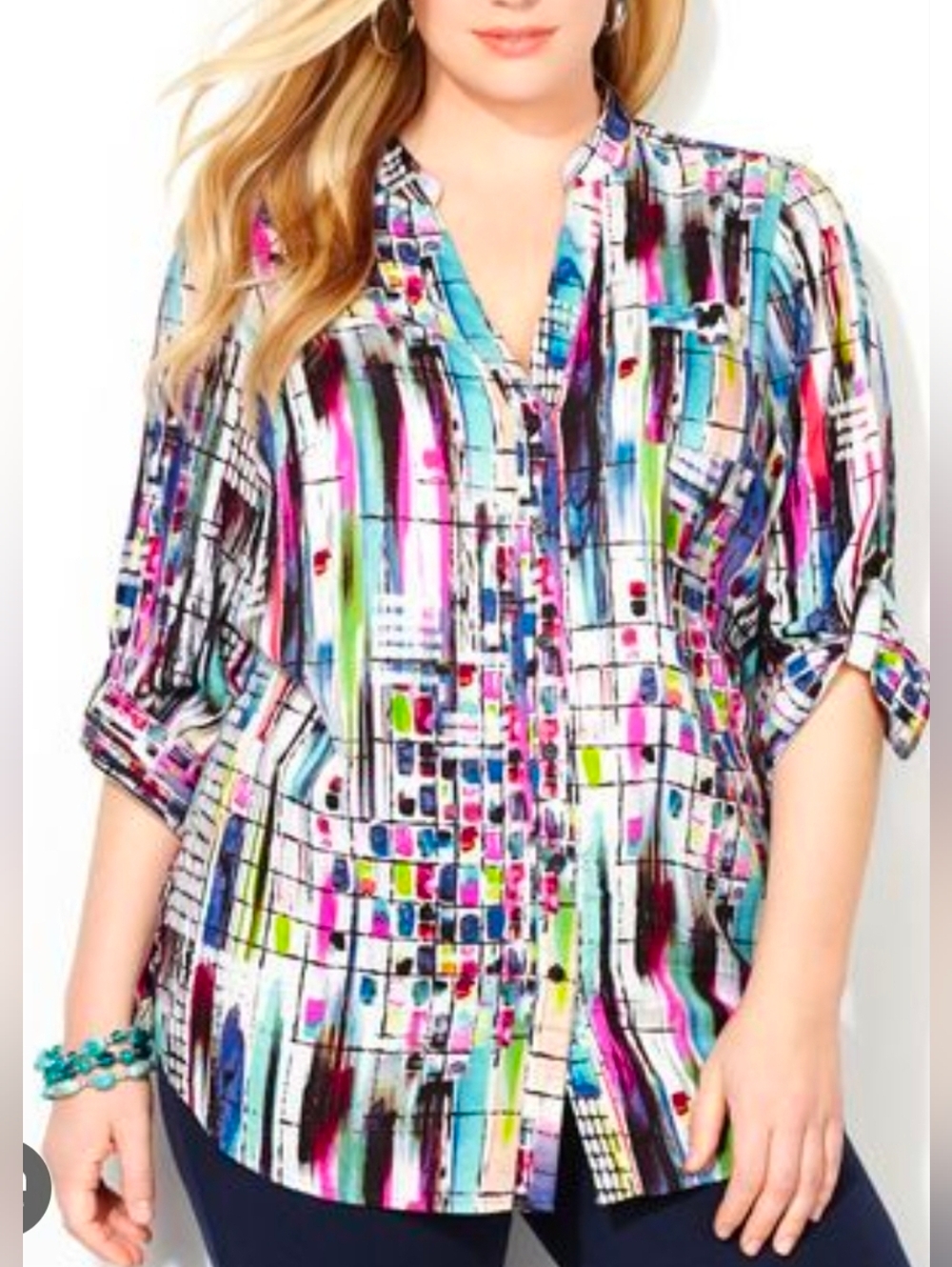 Avenue Multicolor Abstract Print Button Down Top 18 20 Plus Artsy Colorful